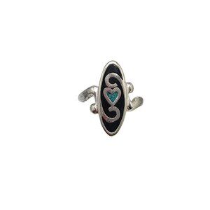 Sterling Silver Blue Turquoise Chip Black Onyx Inlay Ring Size 8 Vintage Signed